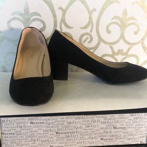 Black faux suede block heels